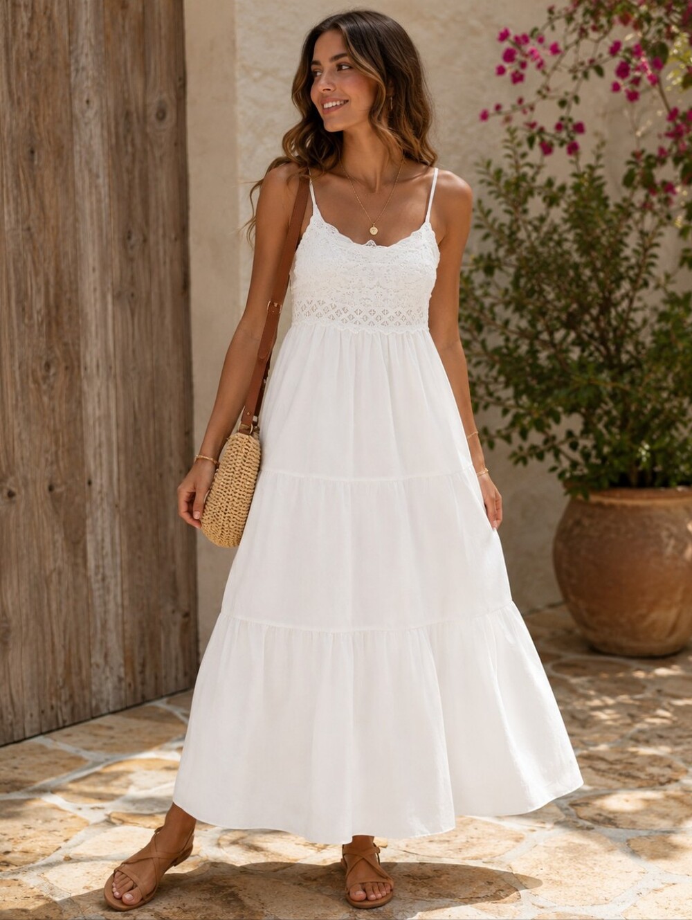 Bohemian White Crochet Tiered Maxi Dress
